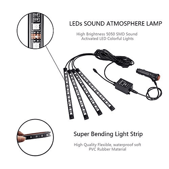 Set X4 Tiras De 12 Led RGB (22cm) Interior Piso Auto 12V Control Remoto Iluminación Nocturna Rítmica