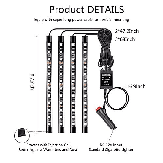 Set X4 Tiras De 12 Led RGB (22cm) Interior Piso Auto 12V Control Remoto Iluminación Nocturna Rítmica