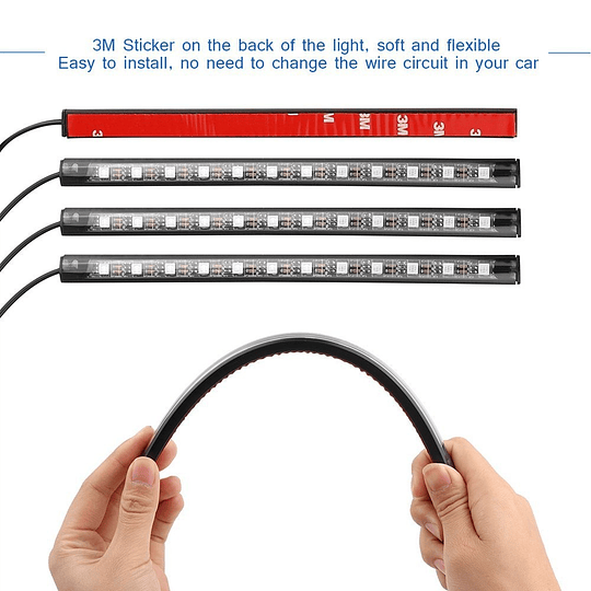 Set X4 Tiras De 12 Led RGB (22cm) Interior Piso Auto 12V Control Remoto Iluminación Nocturna Rítmica