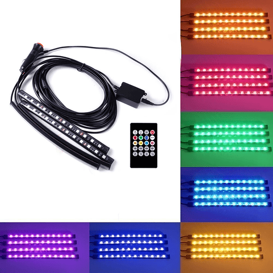 Set X4 Tiras De 12 Led RGB (22cm) Interior Piso Auto 12V Control Remoto Iluminación Nocturna Rítmica