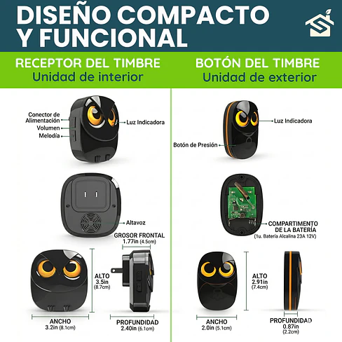 Timbre Inalámbrico Búho Intemperie Exterior Larga Distancia 9