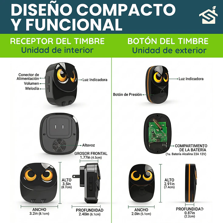 Timbre Inalámbrico Búho Intemperie Exterior Larga Distancia 9