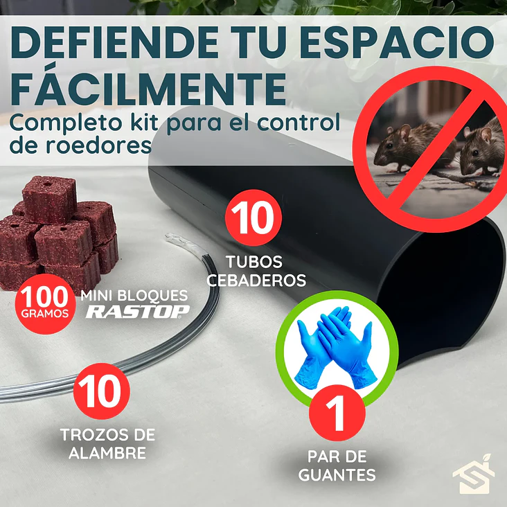 Trampa Ratón Kit Veneno Rastop 100g. + 10 Tubos + Guantes 2