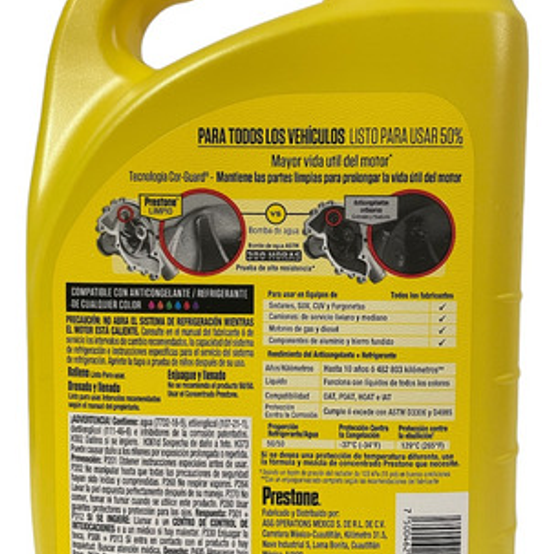 Prestone Antifreeze/Coolant 50/50 Cor-Guard Fluor | Listo para Usar -37°C a 129°C 3