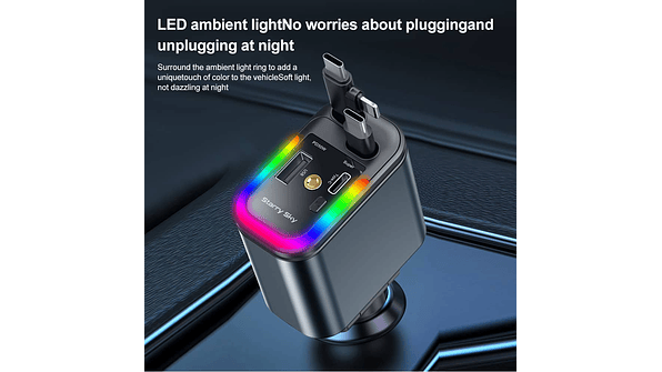 Cargador retractil 5 en 1 para auto 180W + LED CIELO ESTRELLADO ROJO 2