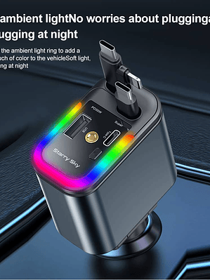 Cargador retractil 5 en 1 para auto 180W + LED CIELO ESTRELLADO ROJO