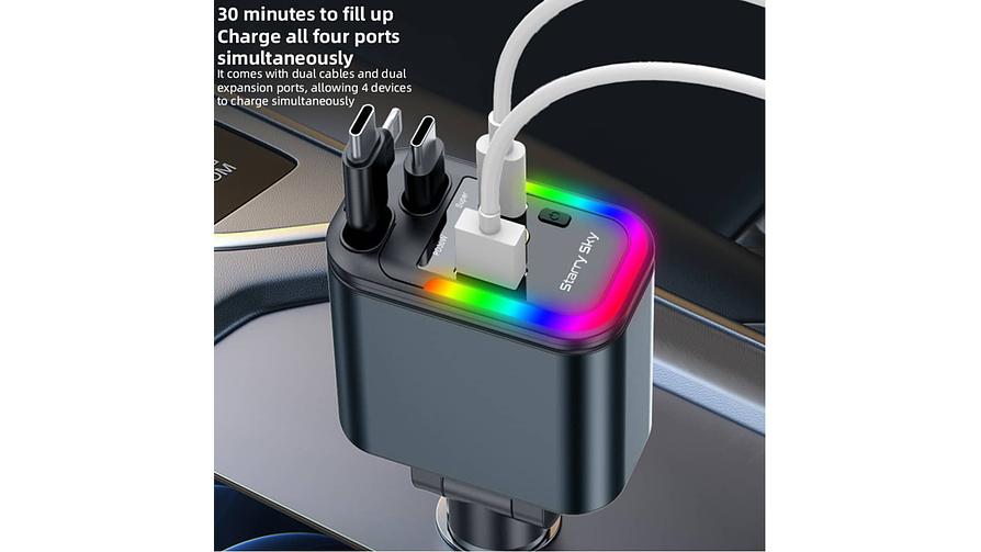 Cargador retractil 5 en 1 para auto 180W + LED CIELO ESTRELLADO ROJO 3