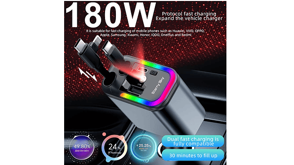 Cargador retractil 5 en 1 para auto 180W + LED CIELO ESTRELLADO ROJO 1
