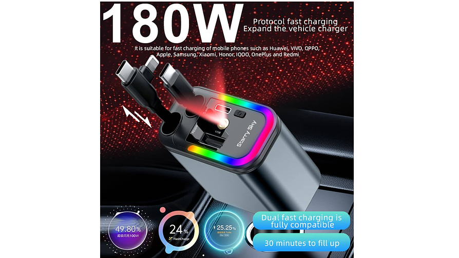 Cargador retractil 5 en 1 para auto 180W + LED CIELO ESTRELLADO ROJO 1