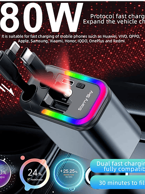 Cargador retractil 5 en 1 para auto 180W + LED CIELO ESTRELLADO ROJO