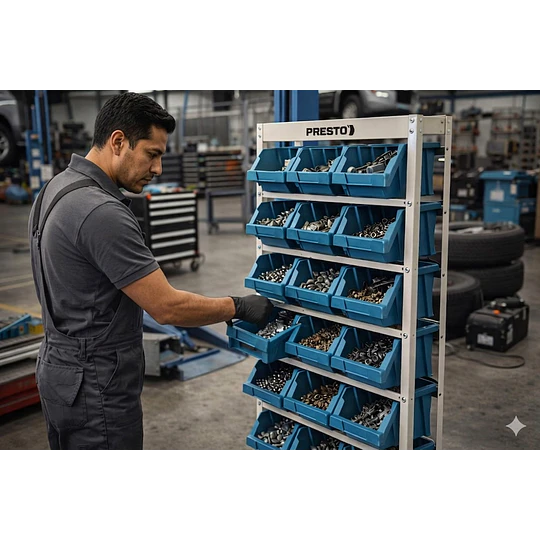 Rack 34x75x150 cm con 21 cajas de 22x34x18 cm