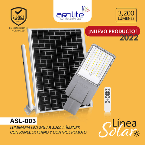 ASL-003 LUMINARIA LED SOLAR 3200 LM PANEL CON BRAZO SUJETADOR