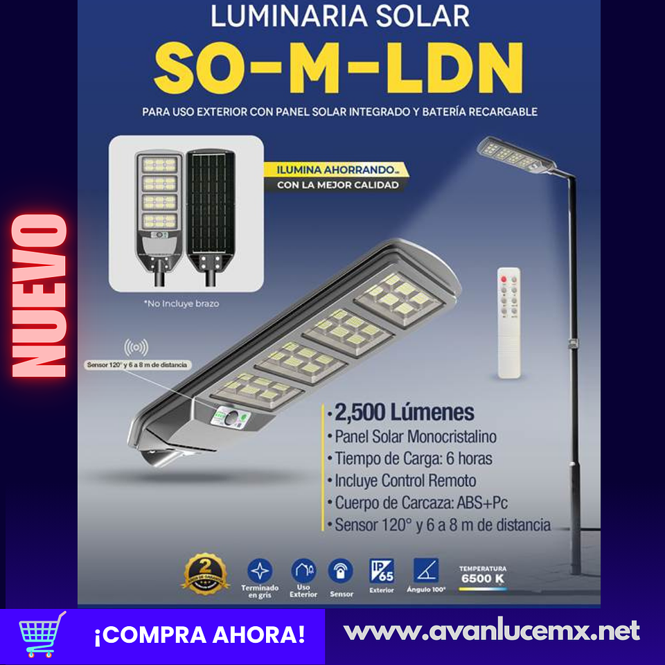 SO-M-LDN LUMINARIA SOLAR VIAL 2,500LM 6500K 3.2VCD IP65