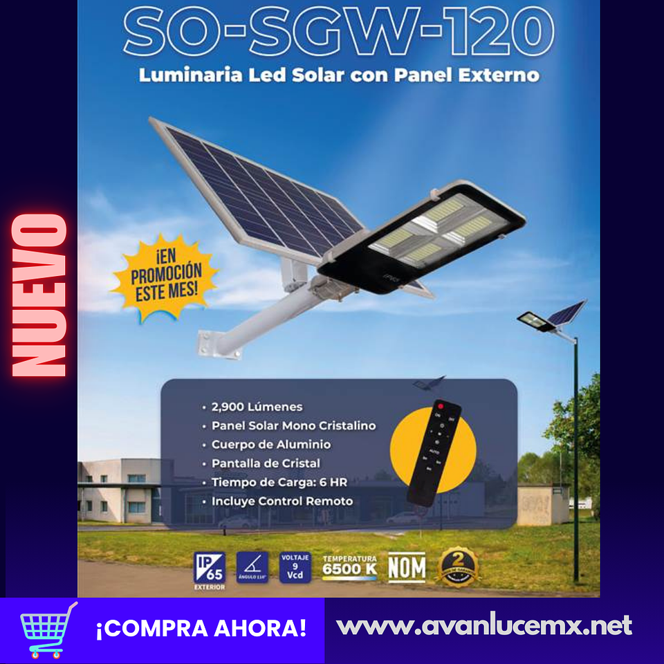 SO-SGW-120 LUMINARIA SOLAR VIAL 2,900LM 6500K 6.4VCD IP65