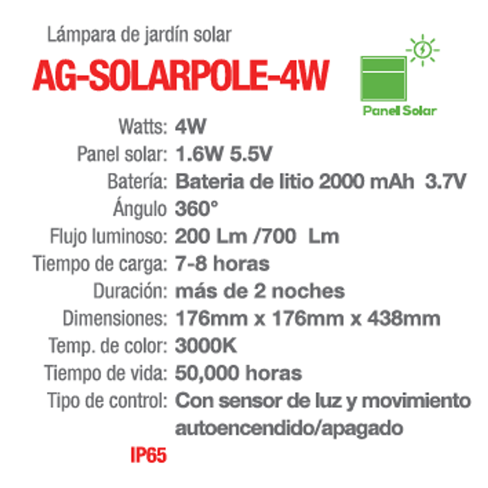 AG-SOLARPOLE-4W luminaria solar Poste IP65 Blanco Cálido 