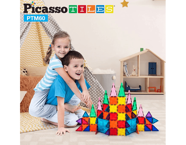 Picasso Tiles - Ladrilhos Magnéticos - Construção - Mini Diamond - Conjunto 60 peças