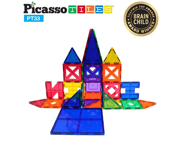 Picasso Tiles - Ladrilhos Magnéticos - Construção  - conjunto educacional com 9 formas diferentes - 33 peças