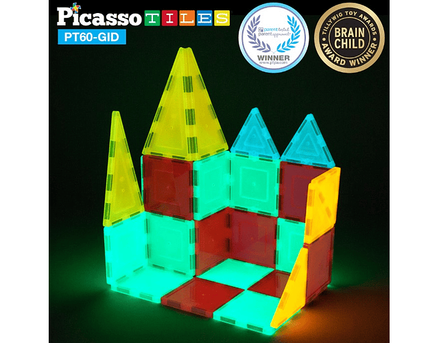 Picasso Tiles - Ladrilhos Magnéticos que Brilham no Escuro - Construção  - 60 peças