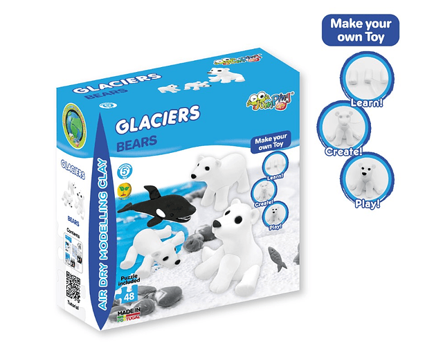 Jumping Clay - Ursos - Coleção Glaciares - Argila para Modelagem a Ar Seco - inclui puzzle 48 peças
