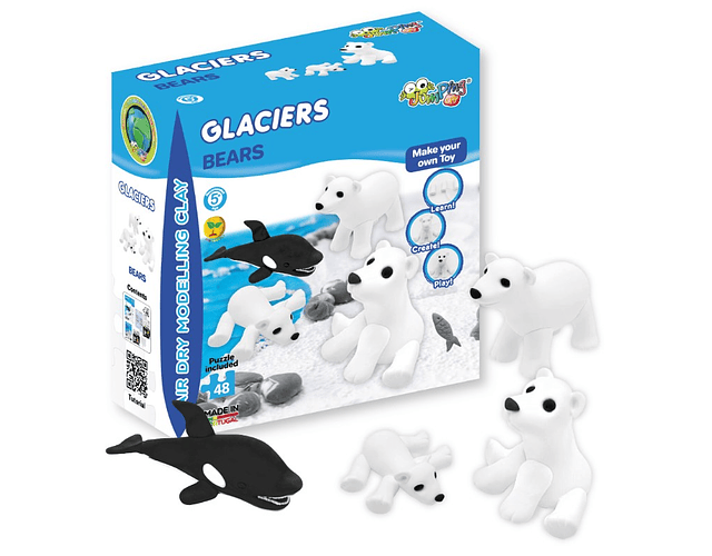 Jumping Clay - Ursos - Coleção Glaciares - Argila para Modelagem a Ar Seco - inclui puzzle 48 peças