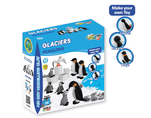 Jumping Clay - Pinguins - Coleção Glaciares - Argila para Modelagem a Ar Seco - inclui puzzle 48 peças