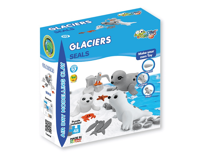 Jumping Clay - Focas - Coleção Glaciares - Kit de argila para modelagem a seco - inclui puzzle 48 peças