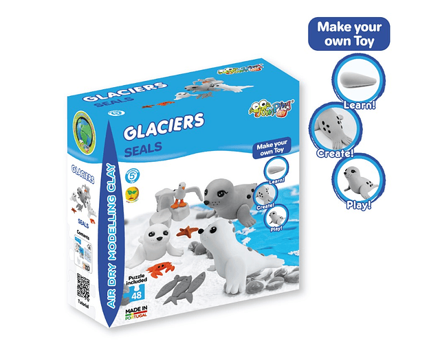 Jumping Clay - Focas - Coleção Glaciares - Kit de argila para modelagem a seco - inclui puzzle 48 peças