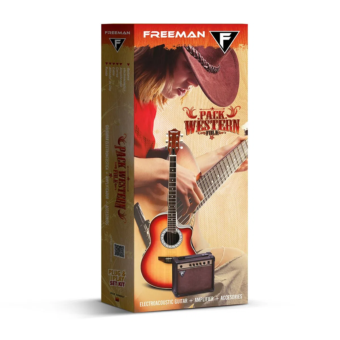 Pack de guitarra eléctroacústica Freeman Wertern - 3 Tone Sunburst