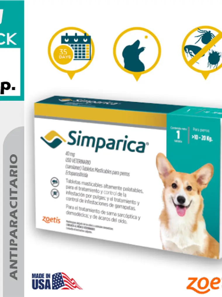 SIMPARICA PERRO 40 MG PARA 10 a 20 Kilos 1