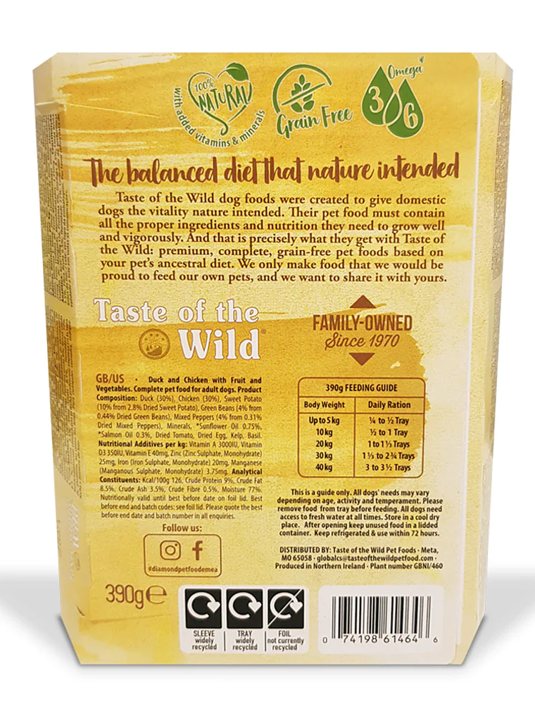 TASTE OF THE WILD PERRO HUMEDO PATO Y POLLO 390GRS 2