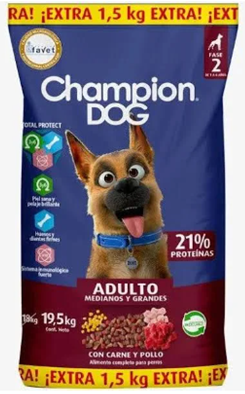 CHAMPION DOG ADULTO  19.5 KG , CARNE, POLLO , 1,5K EXTRA  