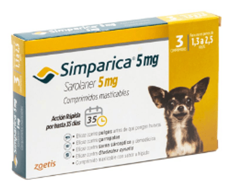 SIMPARICA PERRO 5 MG PARA 1.3 A 2.5 KG  3 COMP.