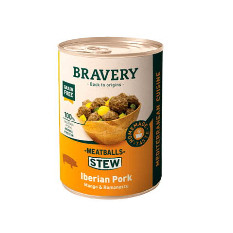 Bravery Alimento Húmedo Natural para Perro Adulto Receta Estofado de Albóndigas de Cerdo Ibérico, 415 g