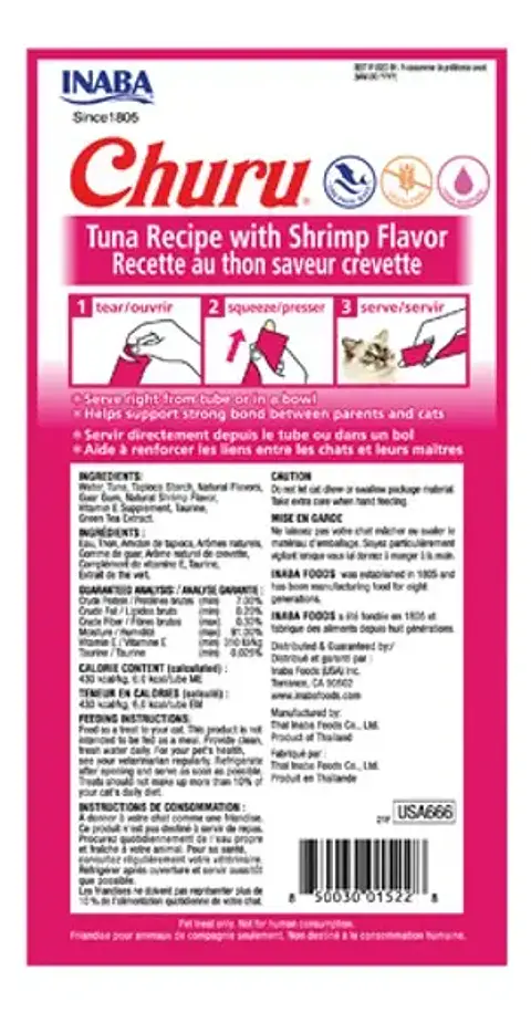 Snack Cremoso para Gato Inaba Churu Atún con Camarones 4 x 14 g