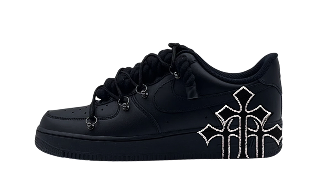 Air Force 1 Low Triple Black Double Laces Chrome Hearts Silver 1