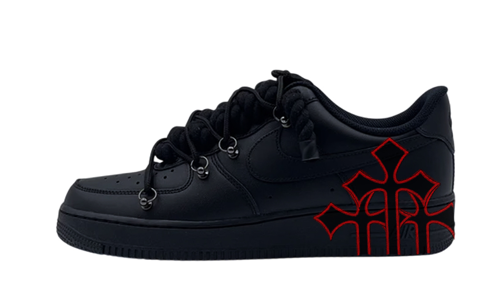 Air Force 1 Low Triple Black Double Laces Chrome Hearts Red 1