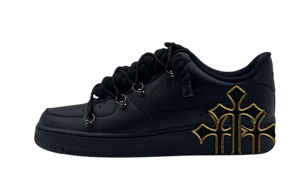 Air Force 1 Low Triple Black Double Laces Chrome Hearts Gold 1