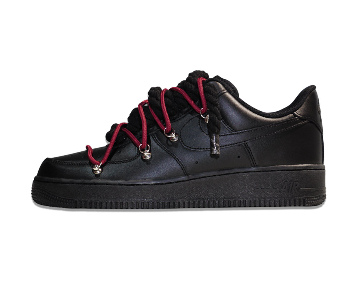 Air Force 1 Low Triple Black Double Laces Red 1