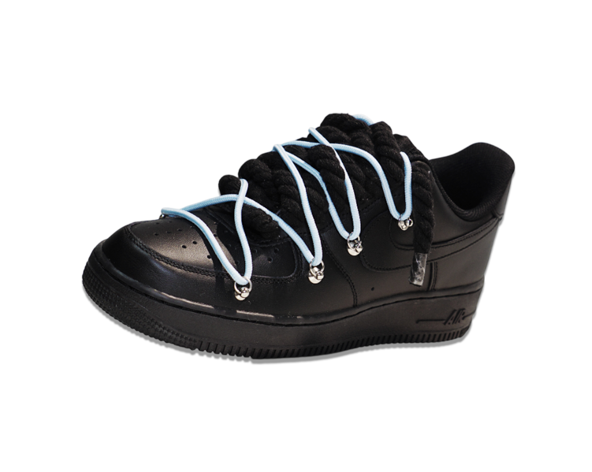 Air Force 1 Low Triple Black Double Laces Light Blue 2