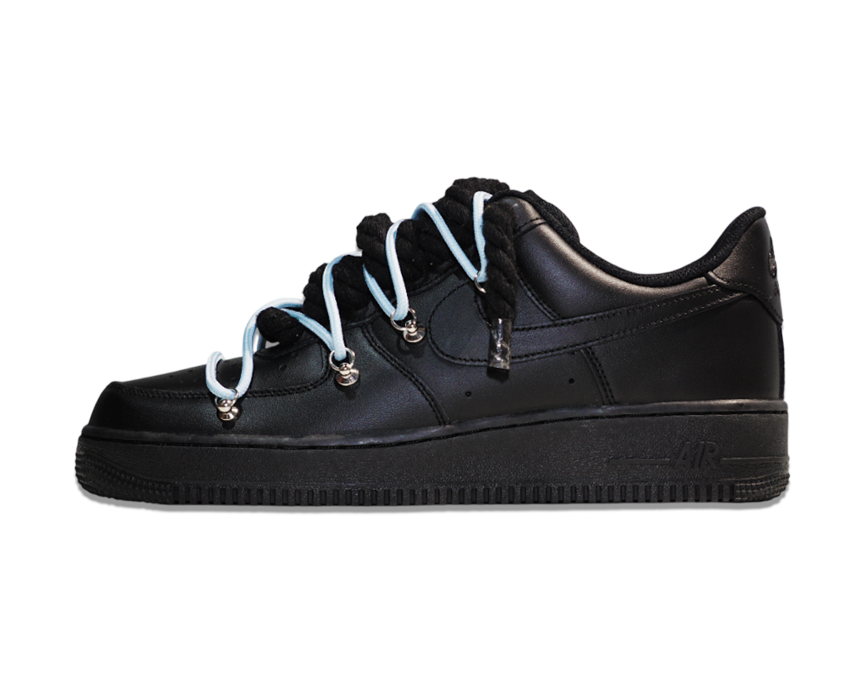 Air Force 1 Low Triple Black Double Laces Light Blue 1