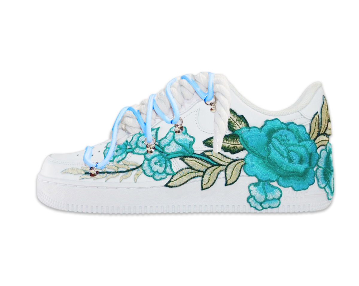 Air Force 1 Low Triple White Double Laces Light Blue Flower Turquoise 1
