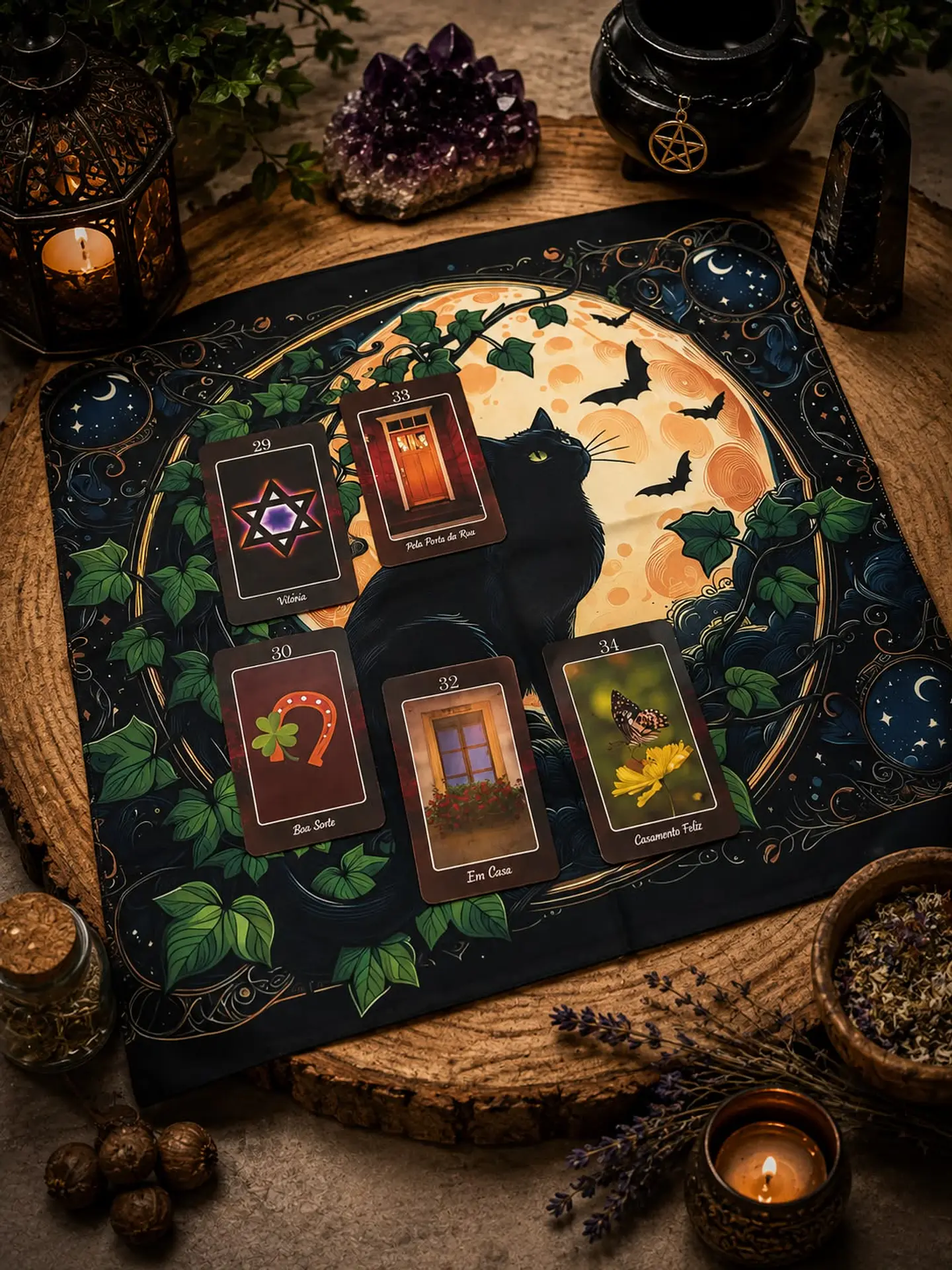 Toalha de Tarot - Gato Preto e Folhas 1