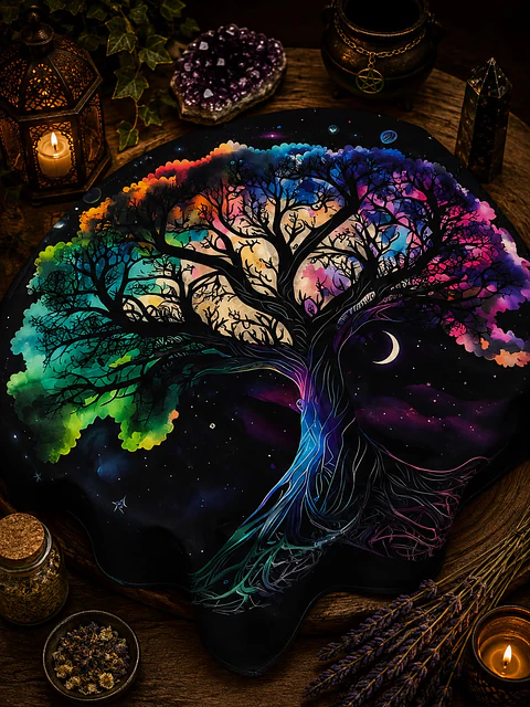 Toalha de Tarot - Arvore da Vida Colorida ( Fundo Negro)