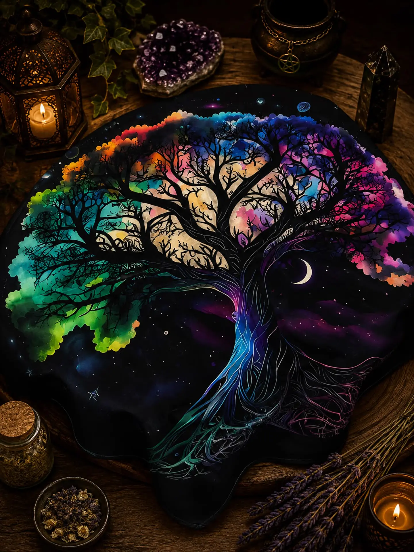 Toalha de Tarot - Arvore da Vida Colorida ( Fundo Negro) 1