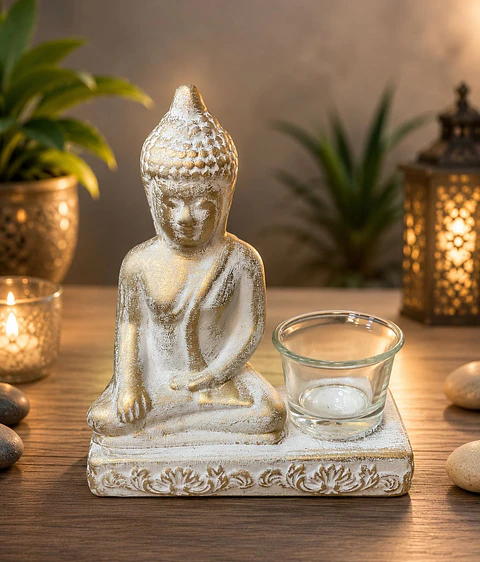 Buda Com Porta Vela - Branco e Dourado - 16x17