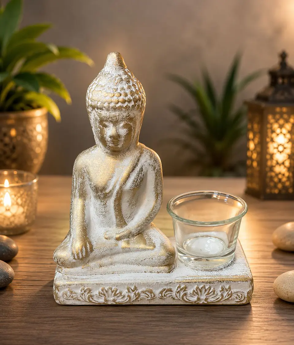 Buda Com Porta Vela - Branco e Dourado - 16x17 1