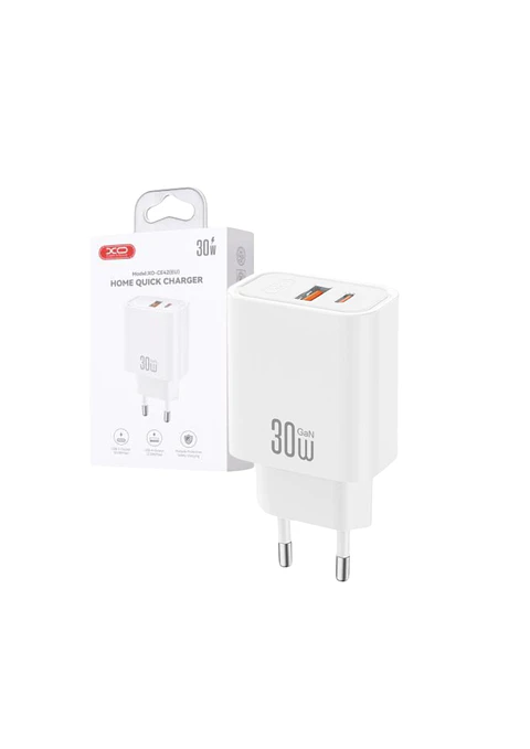 Alimentador 1x USB-A 1x USB-C PD 30W Gan Branco