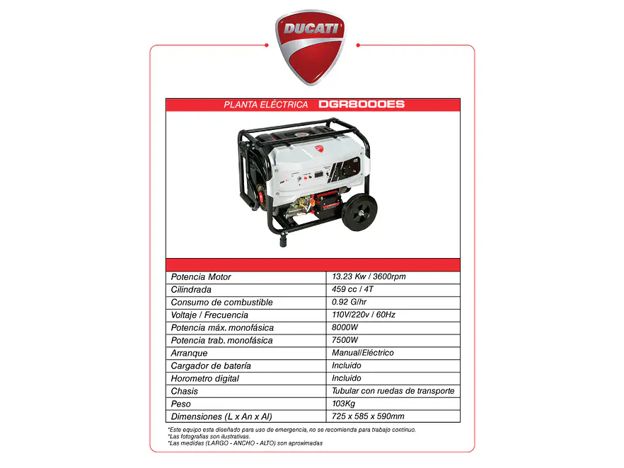 Planta Eléctrica a Gasolina Ducati DGR8000ES DUCATI 8000W 110V/220V Arranque Eléctrico - Foto 4 | aztools.co