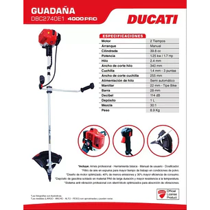 Guadaña 2T y potencia de 1,7 Hp 35.8cc ANTIVIBRACIÓN Ducati DBC2740E1