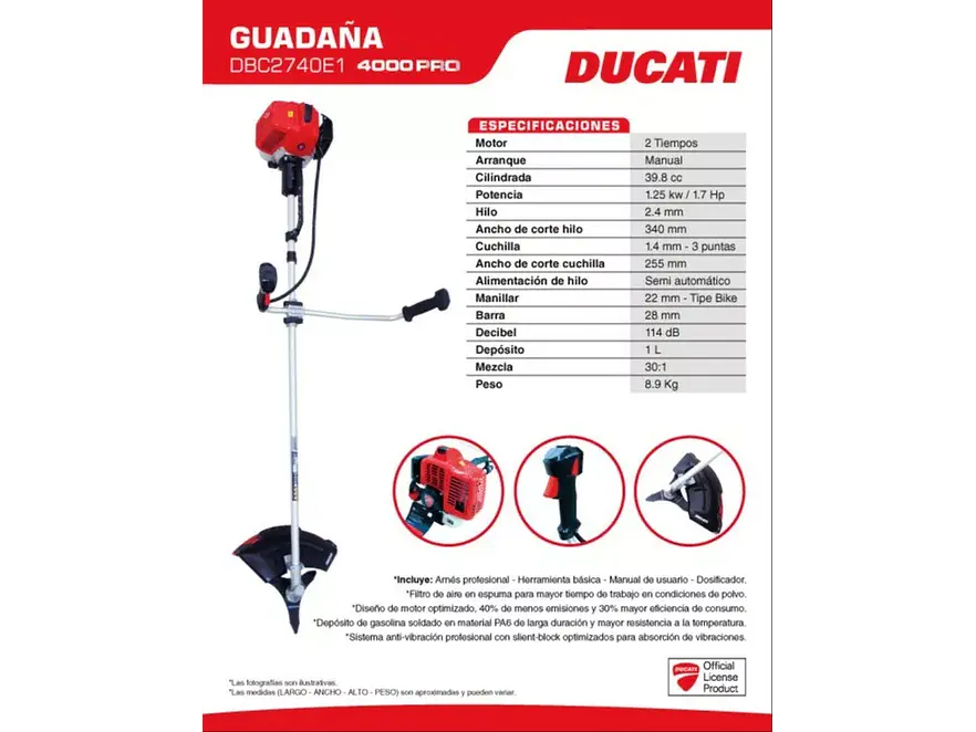 Guadaña 2T y potencia de 1,7 Hp 35.8cc ANTIVIBRACIÓN Ducati DBC2740E1 - Foto 2 | aztools.co